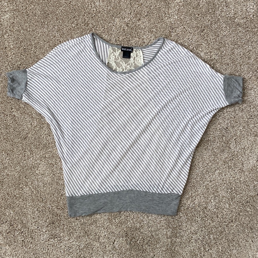 Wet Seal Stripe and Lace Short Sleeve Top